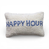 14x9 natural tufted lumbar pillow with blue Happy Hour lettering