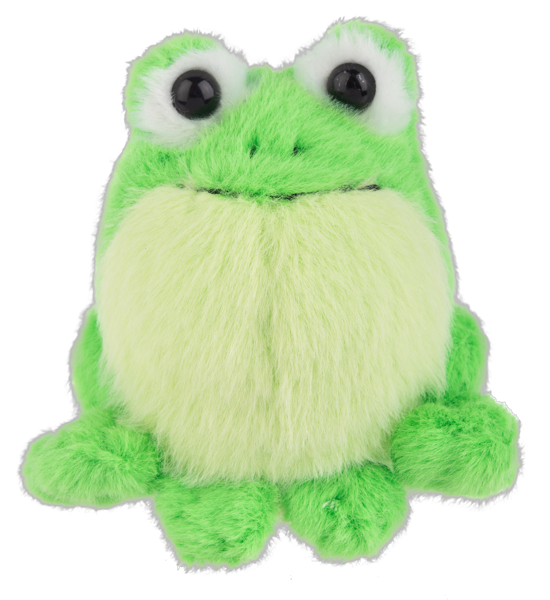 Small green plush frog with fluffy texture and big eyes, accompanied by an inspirational sentiment card.