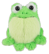 Small green plush frog with fluffy texture and big eyes, accompanied by an inspirational sentiment card.