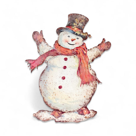 18 inch happy snowman metal dummy board with embossed details and kickstand