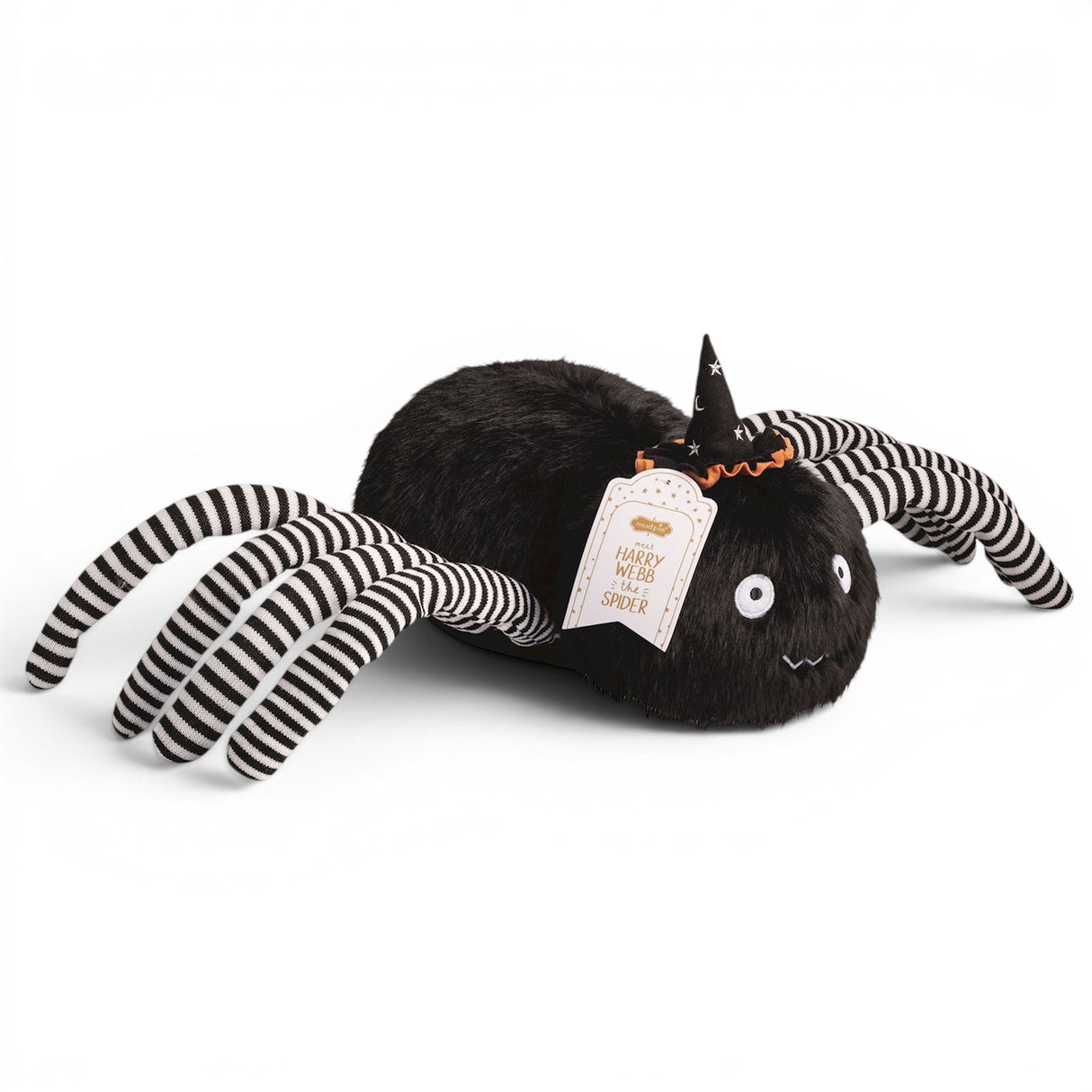 Harry Webb oversized black spider plush with striped knit legs and velvet witch hat