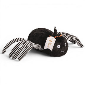 Harry Webb oversized black spider plush with striped knit legs and velvet witch hat