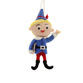 Hermey wool felt Christmas ornament from Rudolph the Red-Nosed Reindeer holding book and waving