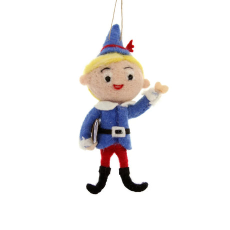 Hermey wool felt Christmas ornament from Rudolph the Red-Nosed Reindeer holding book and waving