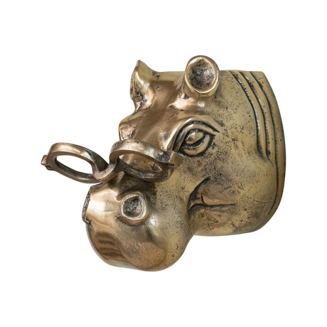 Cast aluminum hippo head wall décor with eyeglasses in antique brass finish