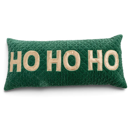Green rectangular cotton velvet lumbar pillow with decorative quilting and large gold appliquéd HO HO HO lettering.