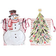 die-cut holiday gift bags featuring a snowman and a Christmas tree with twill handles