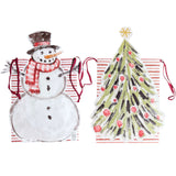 die-cut holiday gift bags featuring a snowman and a Christmas tree with twill handles