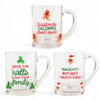 lear glass holiday mugs with funny Christmas sayings and festive accents, each sold individually