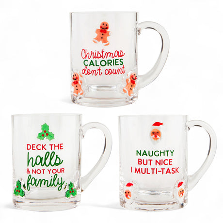 lear glass holiday mugs with funny Christmas sayings and festive accents, each sold individually