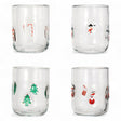 Clear 16 oz holiday drinking glasses with candy cane, snowman, tree, and Santa designs