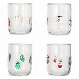 Clear 16 oz holiday drinking glasses with candy cane, snowman, tree, and Santa designs