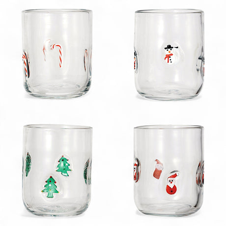 Clear 16 oz holiday drinking glasses with candy cane, snowman, tree, and Santa designs
