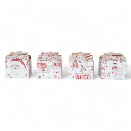 Assorted 4-inch printed holiday interlocking gift boxes with festive seasonal patterns