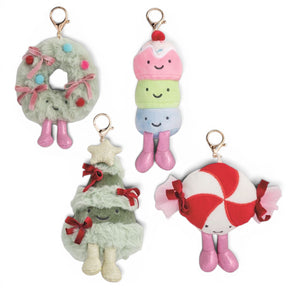 Christmas plush bag charms in wreath, sweet stack, Christmas tree, and peppermint candy styles
