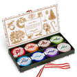 Open Holiday Shower Steamers gift box with eight colorful individually wrapped steamers, gold holiday illustrations, and a red-and-white ribbon