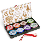 Open Holiday Shower Steamers gift box with eight colorful individually wrapped steamers, gold holiday illustrations, and a red-and-white ribbon