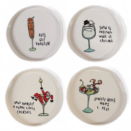 Round stoneware holiday plates with festive icons and funny sayings