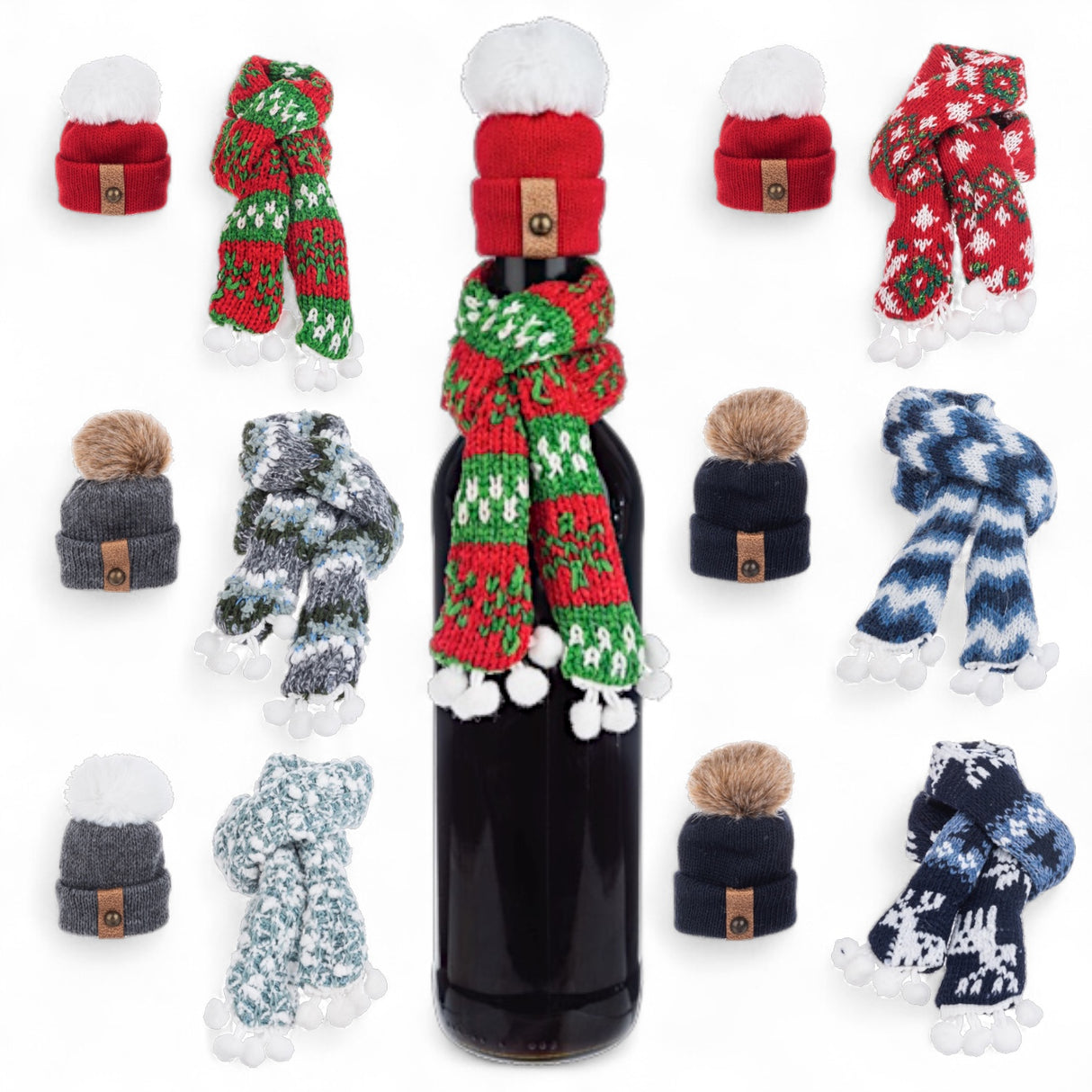 Wine bottle with knit holiday beanie and scarf set