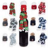 Wine bottle with knit holiday beanie and scarf set