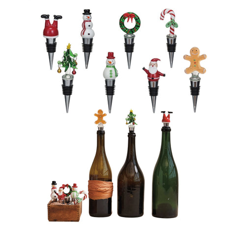 Hand-painted holiday wine stoppers with zinc alloy base in 8 festive styles