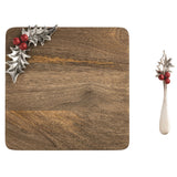 Mango wood holly cheese board with cast aluminum holly detail and coordinating spreader, 2-piece holiday set