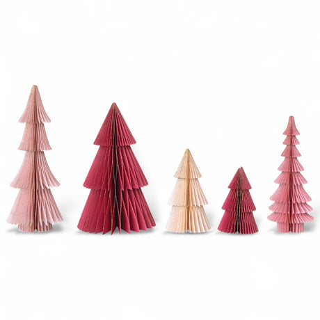 Set of 5 recycled paper honeycomb Christmas trees with gold glitter edges in red, blush, and cream