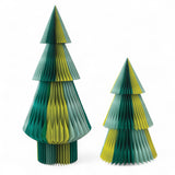 chartreuse honeycomb paper trees, one large and one small, handmade from recycled paper