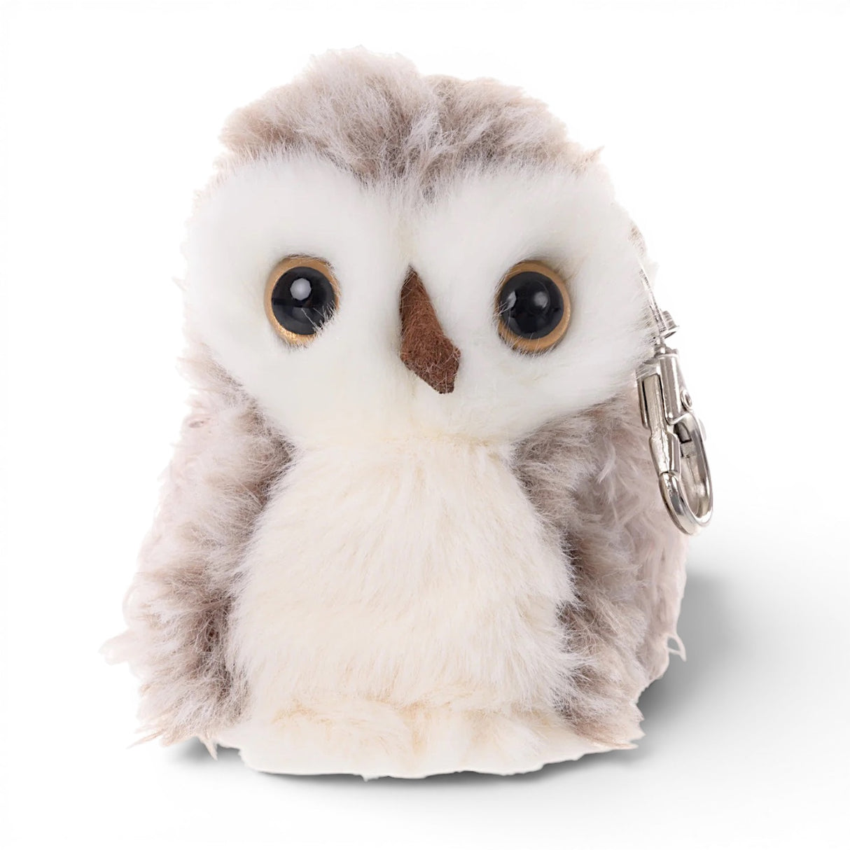 Bukowski Bears HooHoo owl plush bag charm with soft feathers, large golden eyes, and clip attachment