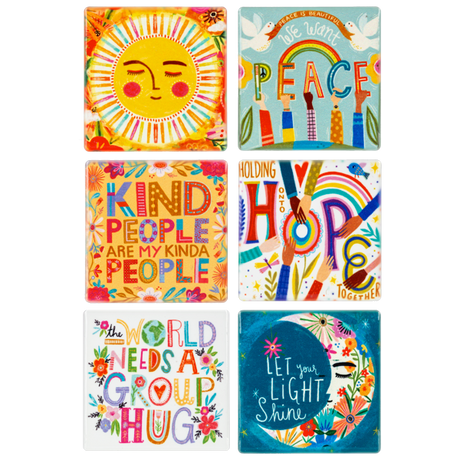 Colorful ceramic fridge magnets with uplifting messages and whimsical illustrations