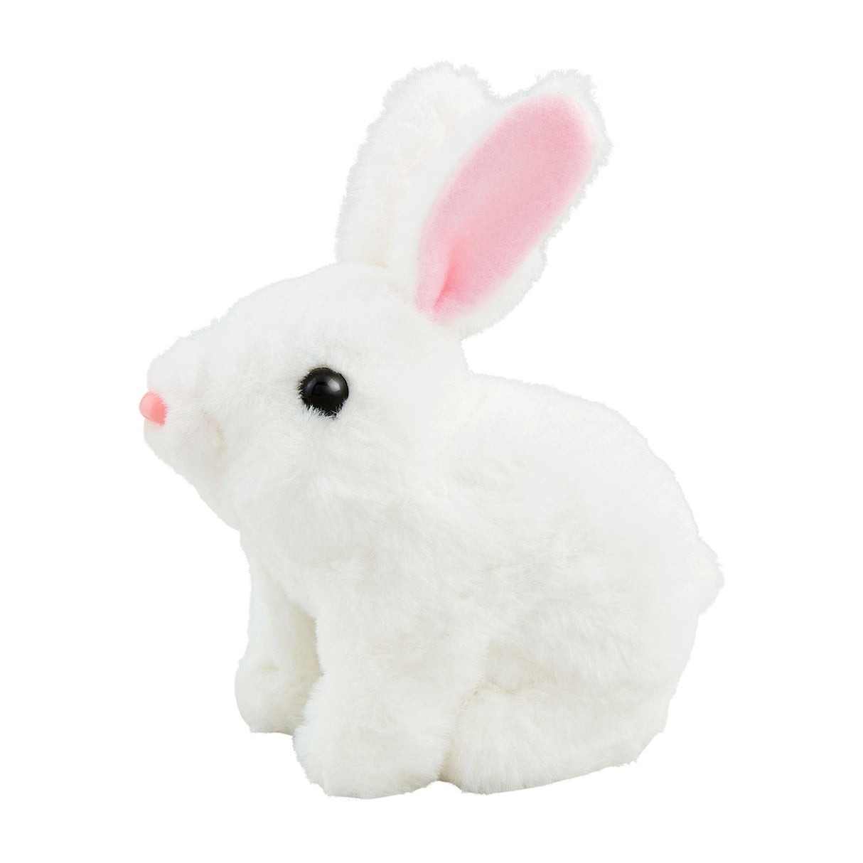 White plush mechanical bunny toy with pink nose and ears, designed to hop and wiggle its nose by Mud Pie