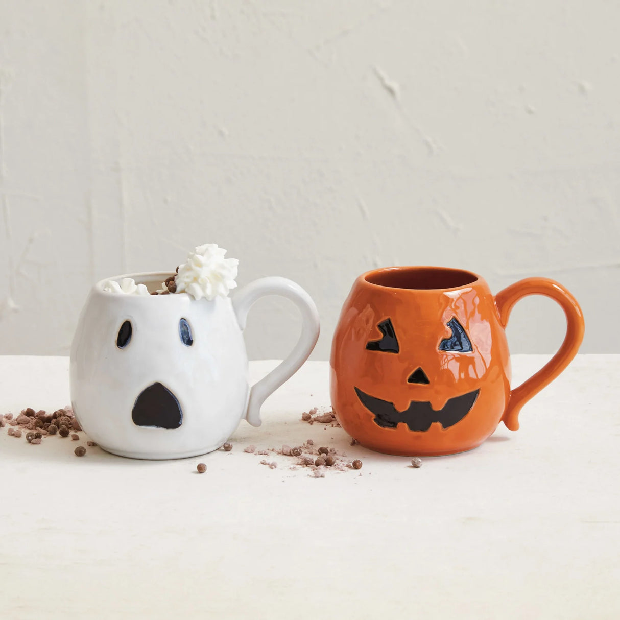 Debossed Stoneware Ghost & Jack-O-Lantern Coffee Mugs