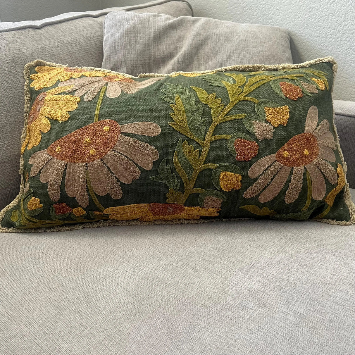 Embroidered Autumn Floral Cotton Slub Pillow with Fringe