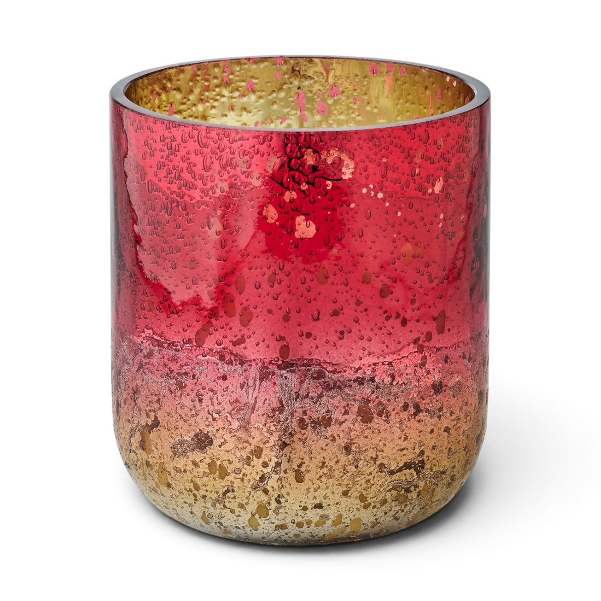 Illume Cranberry Currant Small Radiant Glass Candle with red and gold metallic glass vessel
