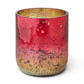 Illume Cranberry Currant Small Radiant Glass Candle with red and gold metallic glass vessel