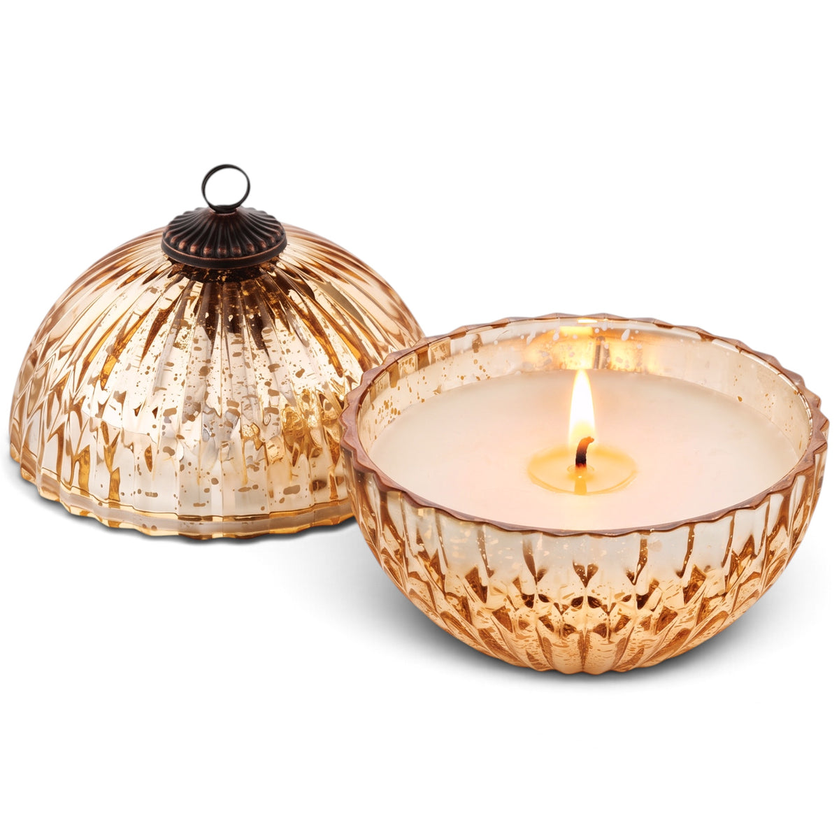 ILLUME Winter White candle in a ribbed golden mercury glass ornament vessel with a domed lid and antiqued metal loop.