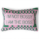 pink and green checkered lumbar pillow with I am the boss quote