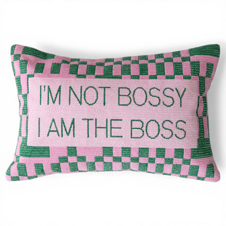 pink and green checkered lumbar pillow with I am the boss quote