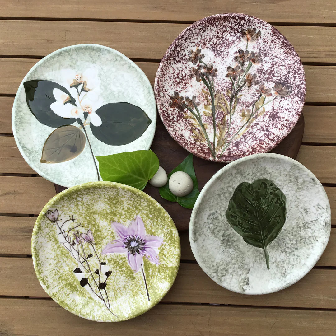 Hand-Painted Stoneware Plates with Debossed Florals