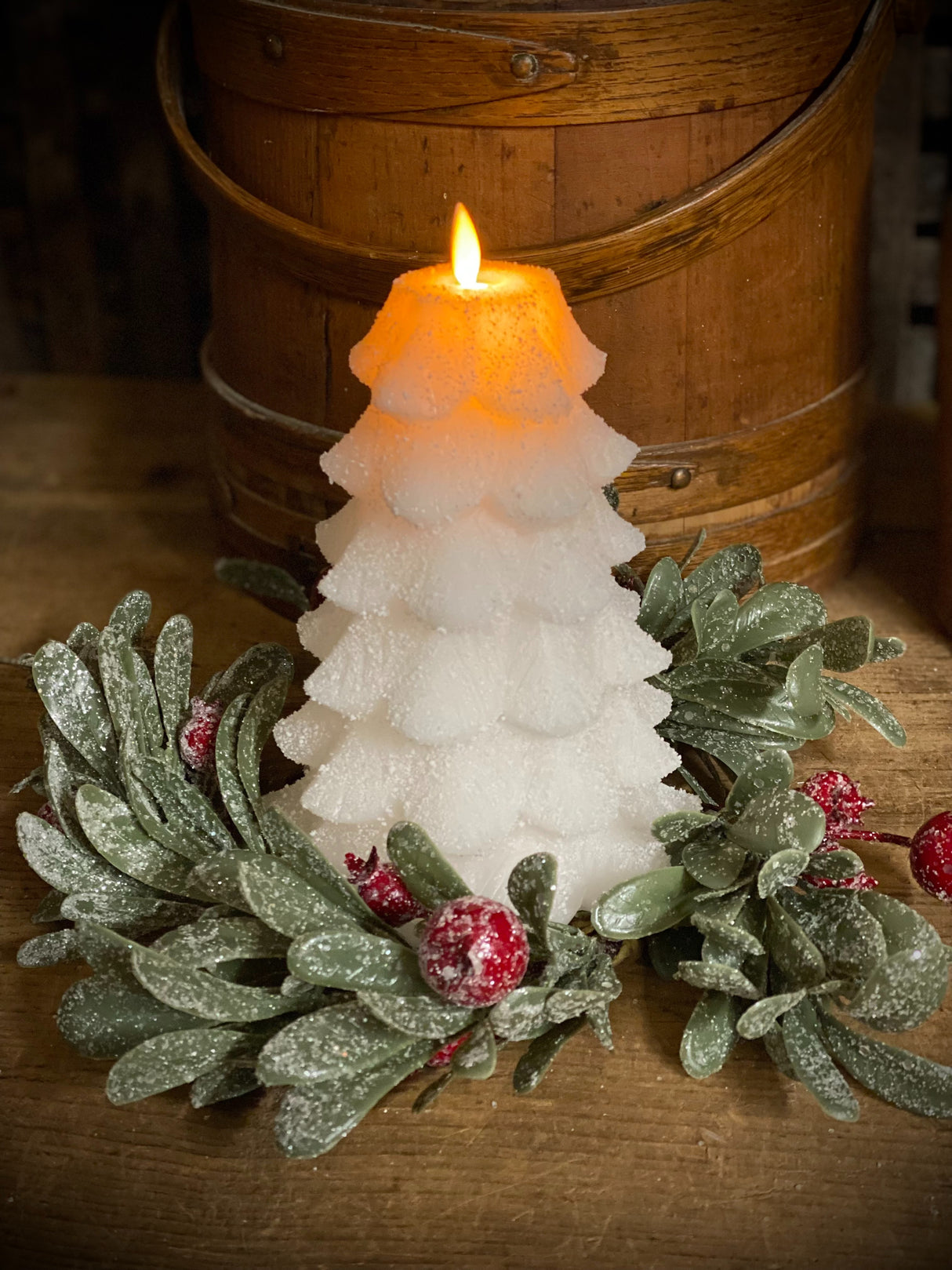 White Glitter Christmas Tree LED Moving Flame Candle