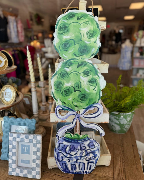 Hand Painted Blue Chinoiserie Topiary Door Hanger