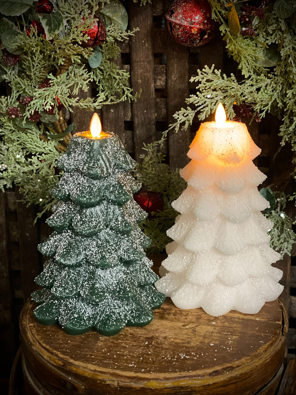 Green Glitter Christmas Tree LED Moving Flame Candle