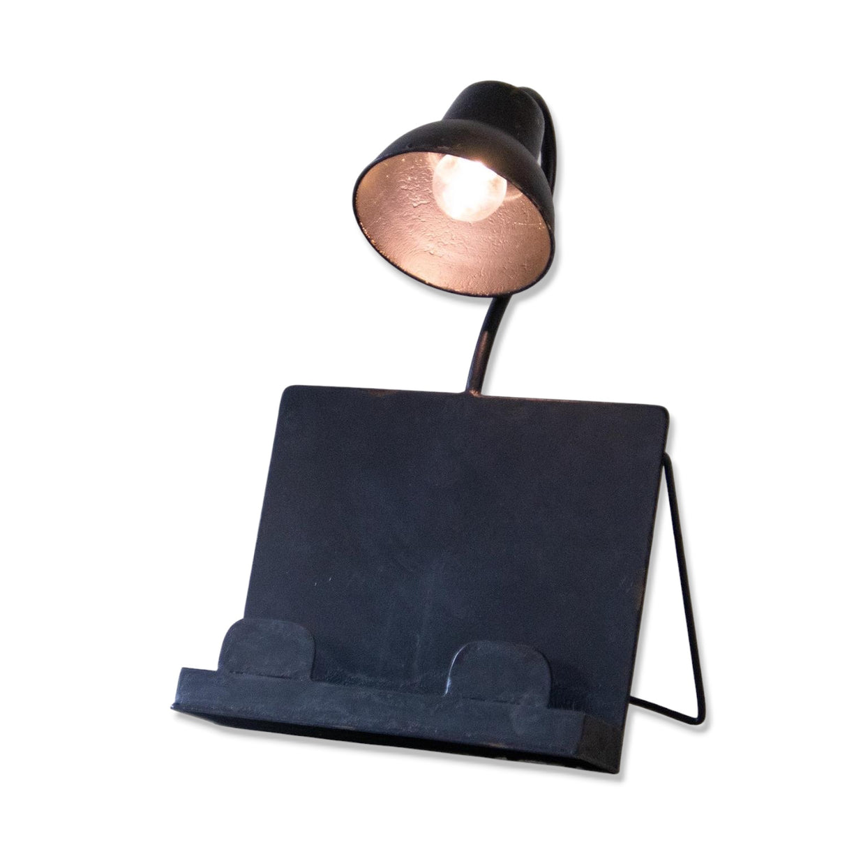 Black iron book stand with built-in light, battery-operated.