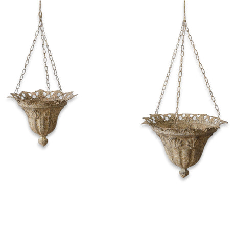 Vintage-style iron hanging planter with distressed finish and chain.