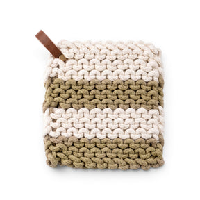 Ivory and sage striped cotton knit pot holder with brown hanging loop