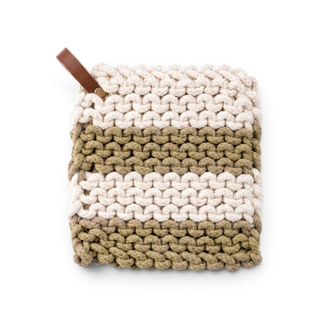 Ivory and sage striped cotton knit pot holder with brown hanging loop