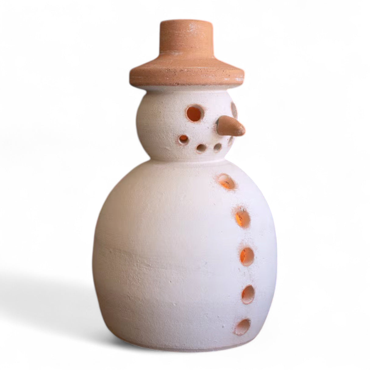 Handcrafted ivory and terracotta snowman luminary 11 inches tall made in Honduras