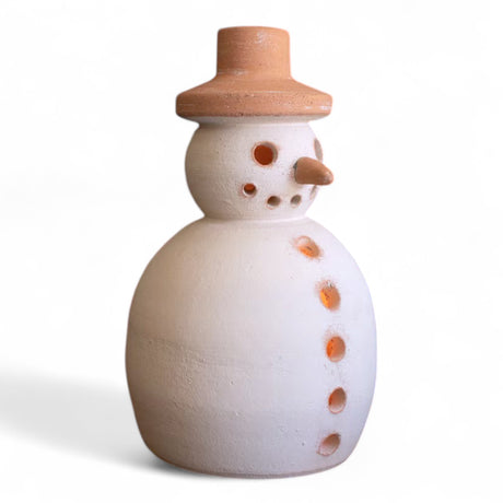 Handcrafted ivory and terracotta snowman luminary 11 inches tall made in Honduras