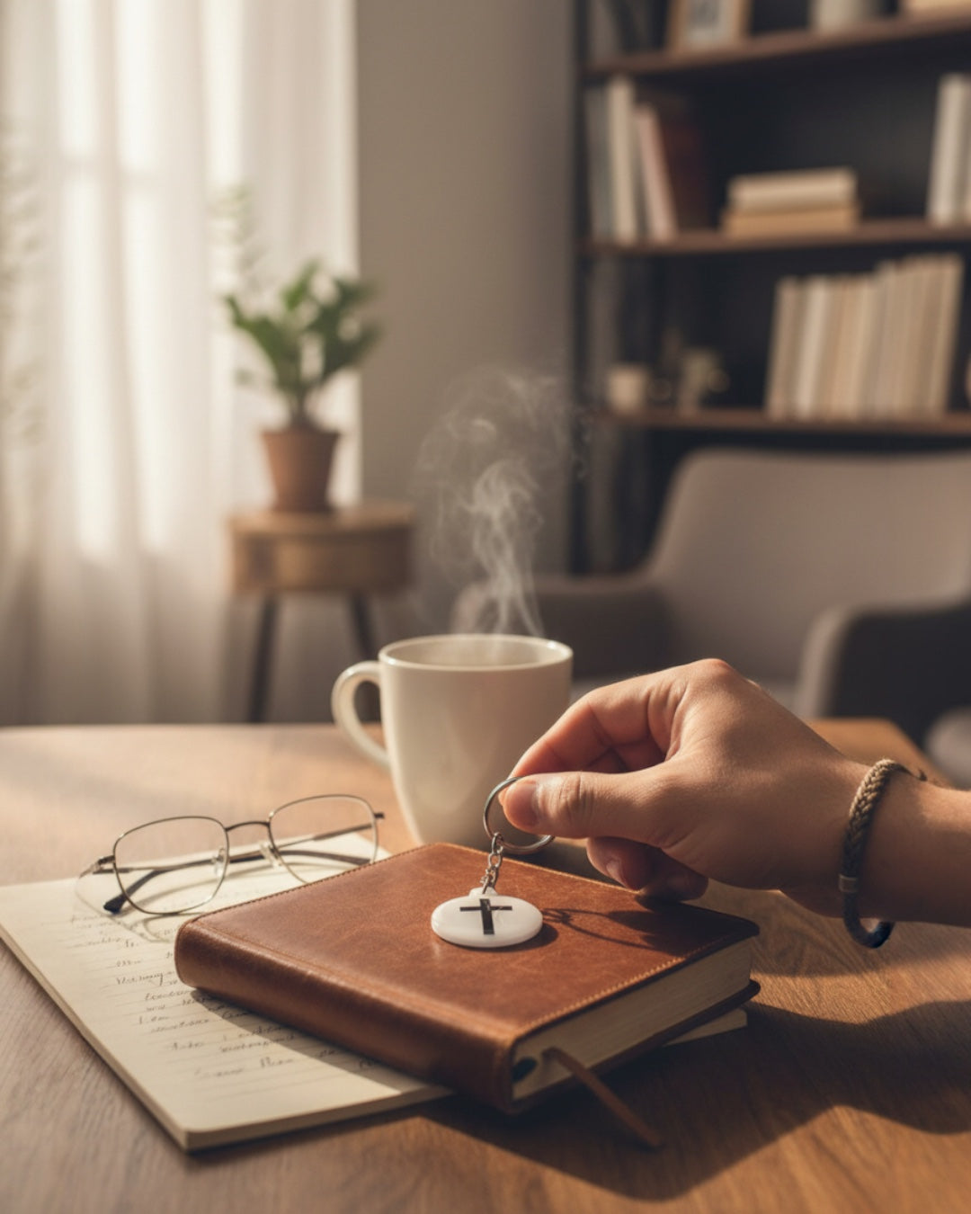 White & Black Cross Tap to Pray Keychain