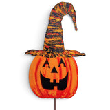 Orange jack-o-lantern Halloween decoration with tall black raggedy witch hat and stake, hang, or easel display options